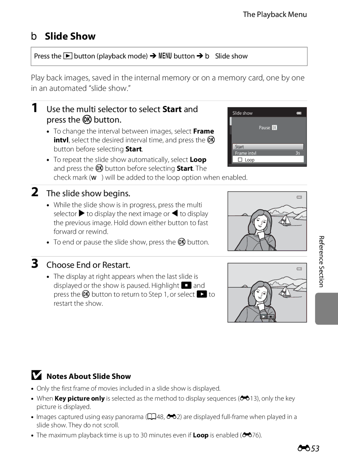 Nikon S6300 manual BSlide Show, Use the multi selector to select Start, Press the kbutton, E53 