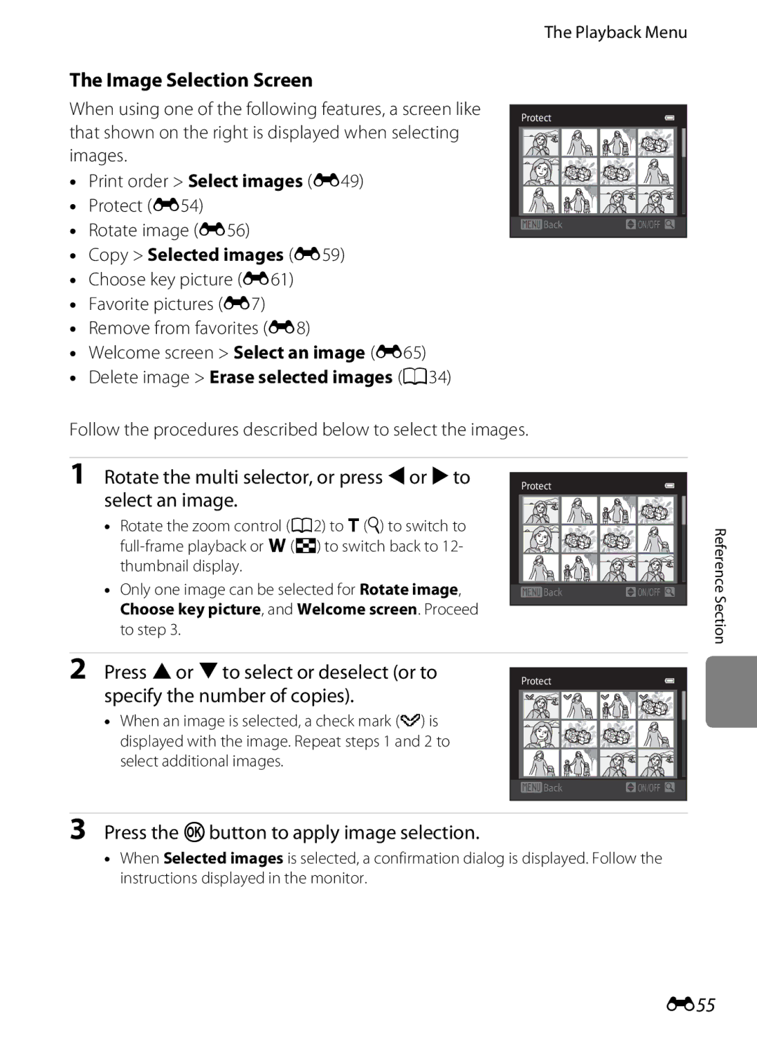 Nikon S6300 manual Image Selection Screen, Rotate the multi selector, or press Jor Kto select an image, E55 