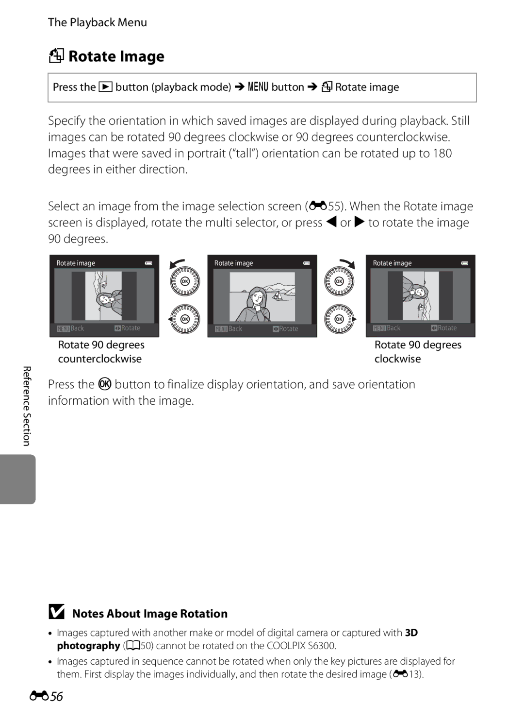 Nikon S6300 manual FRotate Image, E56, Press the c button playback mode Md button M fRotate image 