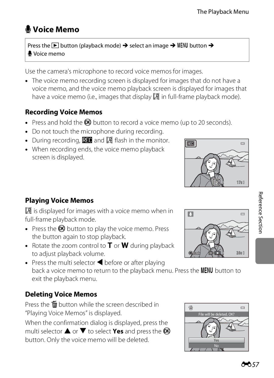 Nikon S6300 manual EVoice Memo, Recording Voice Memos, Playing Voice Memos, Deleting Voice Memos, E57 