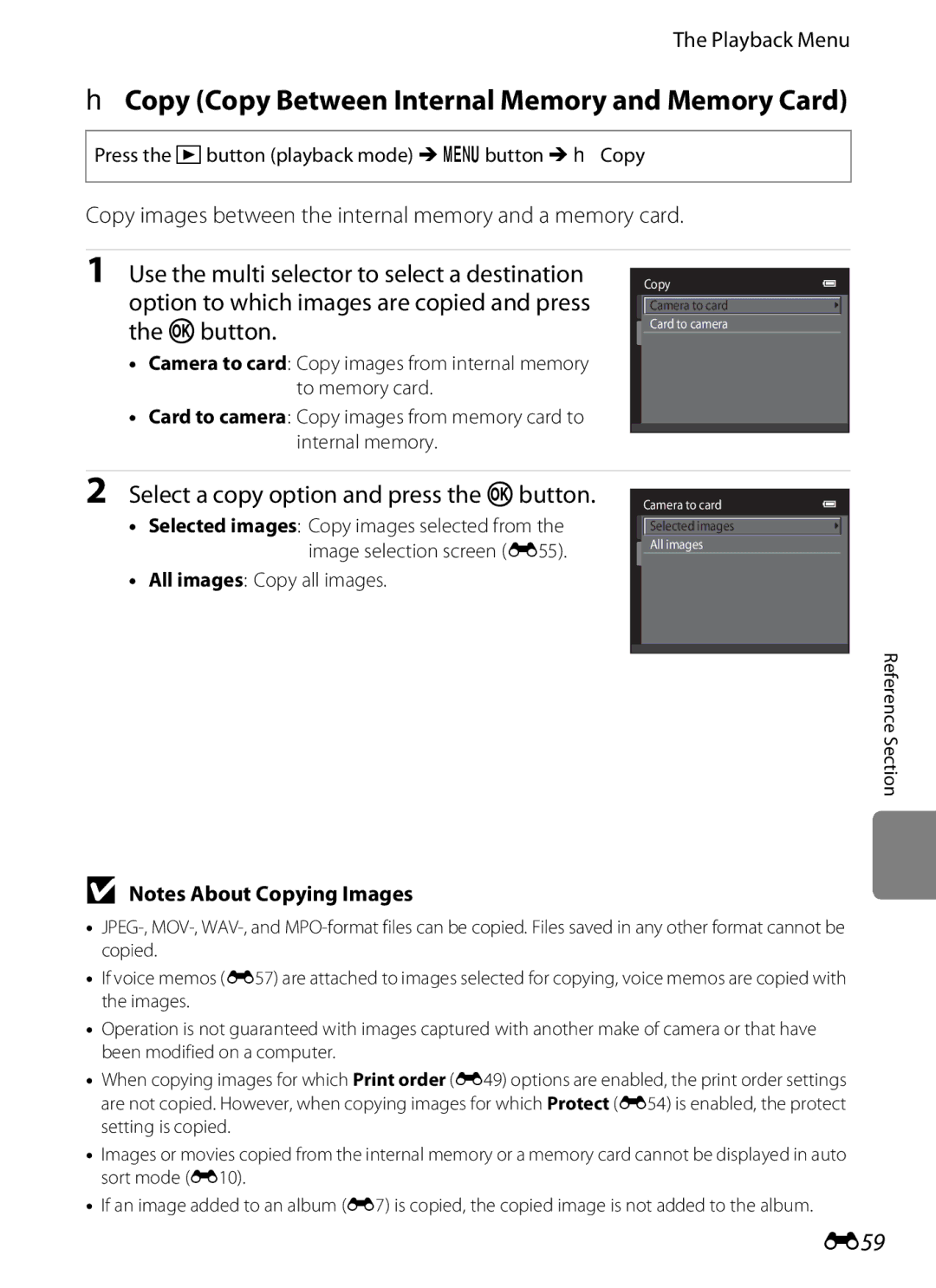 Nikon S6300 manual HCopy Copy Between Internal Memory and Memory Card, Select a copy option and press the k button, E59 