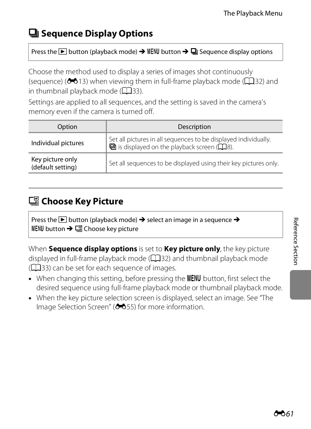 Nikon S6300 manual CSequence Display Options, NChoose Key Picture, E61 