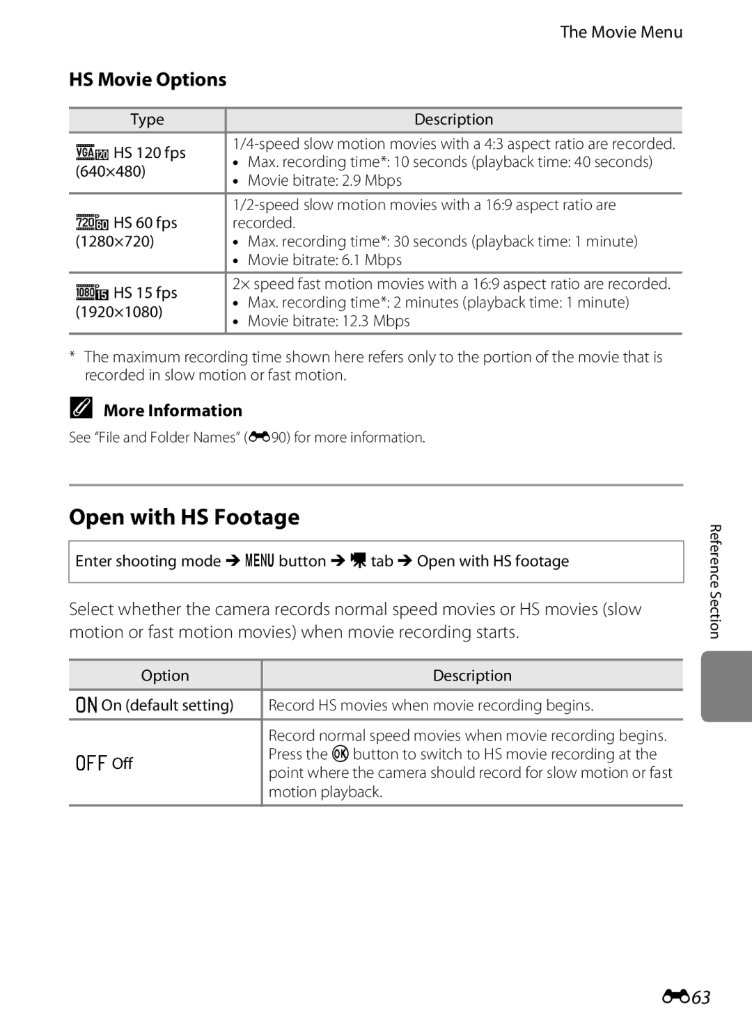 Nikon S6300 manual Open with HS Footage, HS Movie Options, E63, Movie Menu 