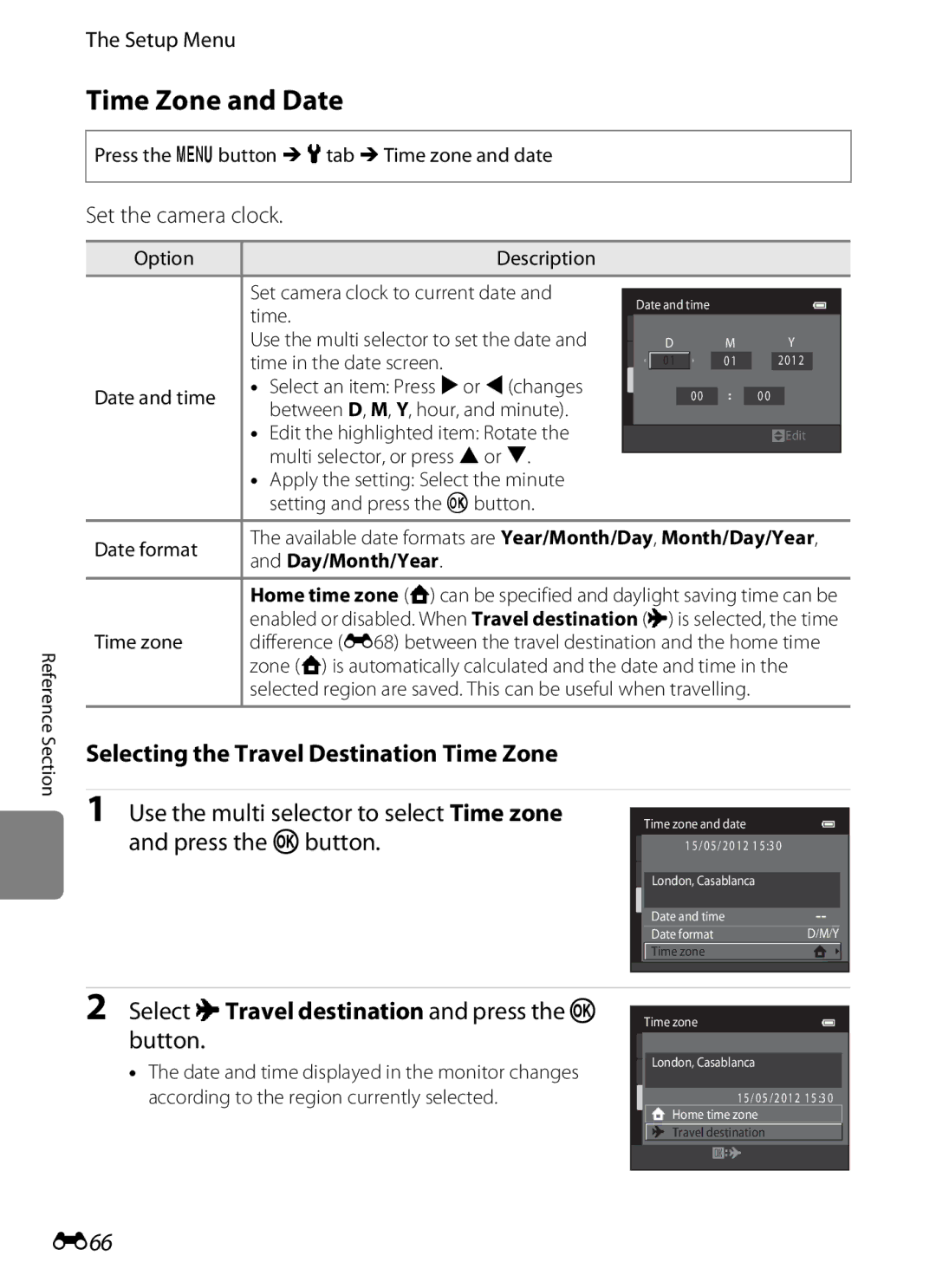 Nikon S6300 manual Time Zone and Date, Selecting the Travel Destination Time Zone, E66, Set the camera clock 