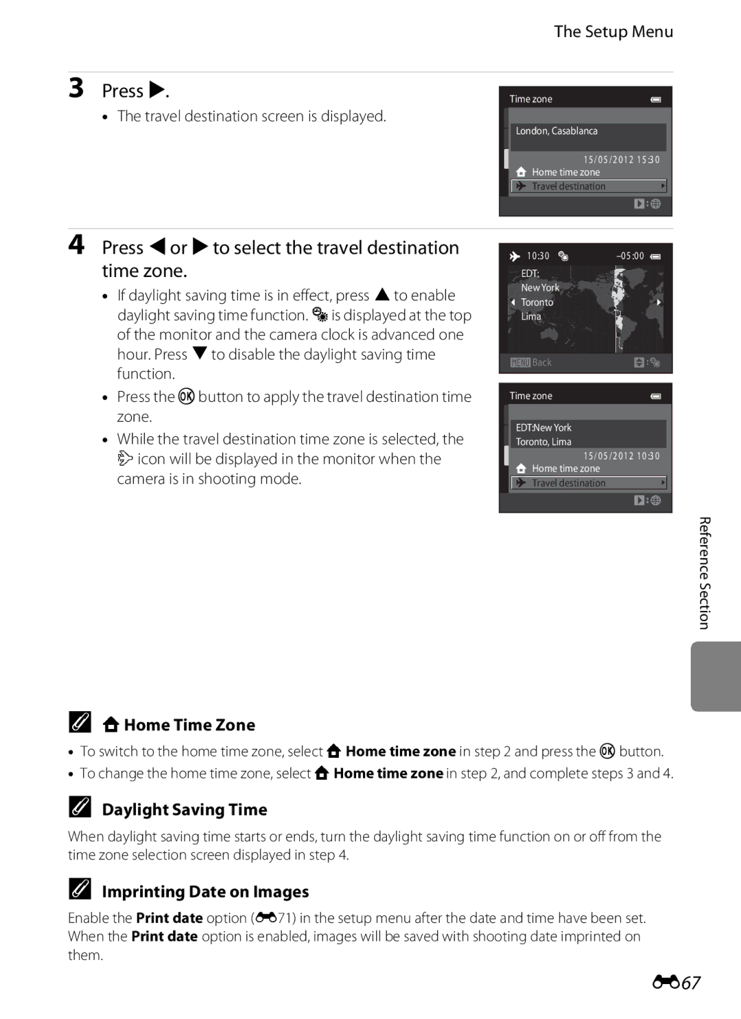 Nikon S6300 manual E67, WHome Time Zone, Daylight Saving Time, Imprinting Date on Images 