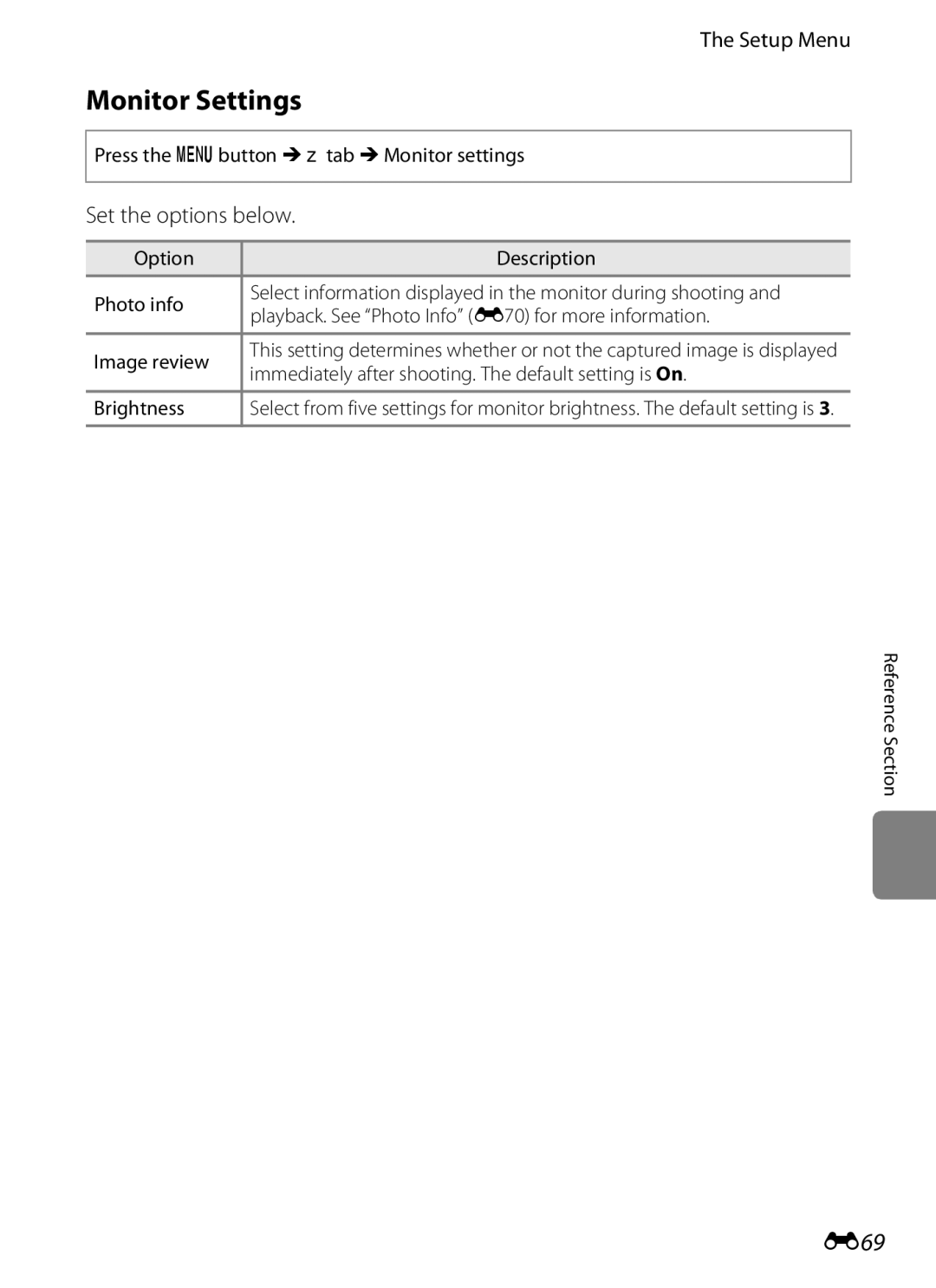 Nikon S6300 manual Monitor Settings, E69, Set the options below 