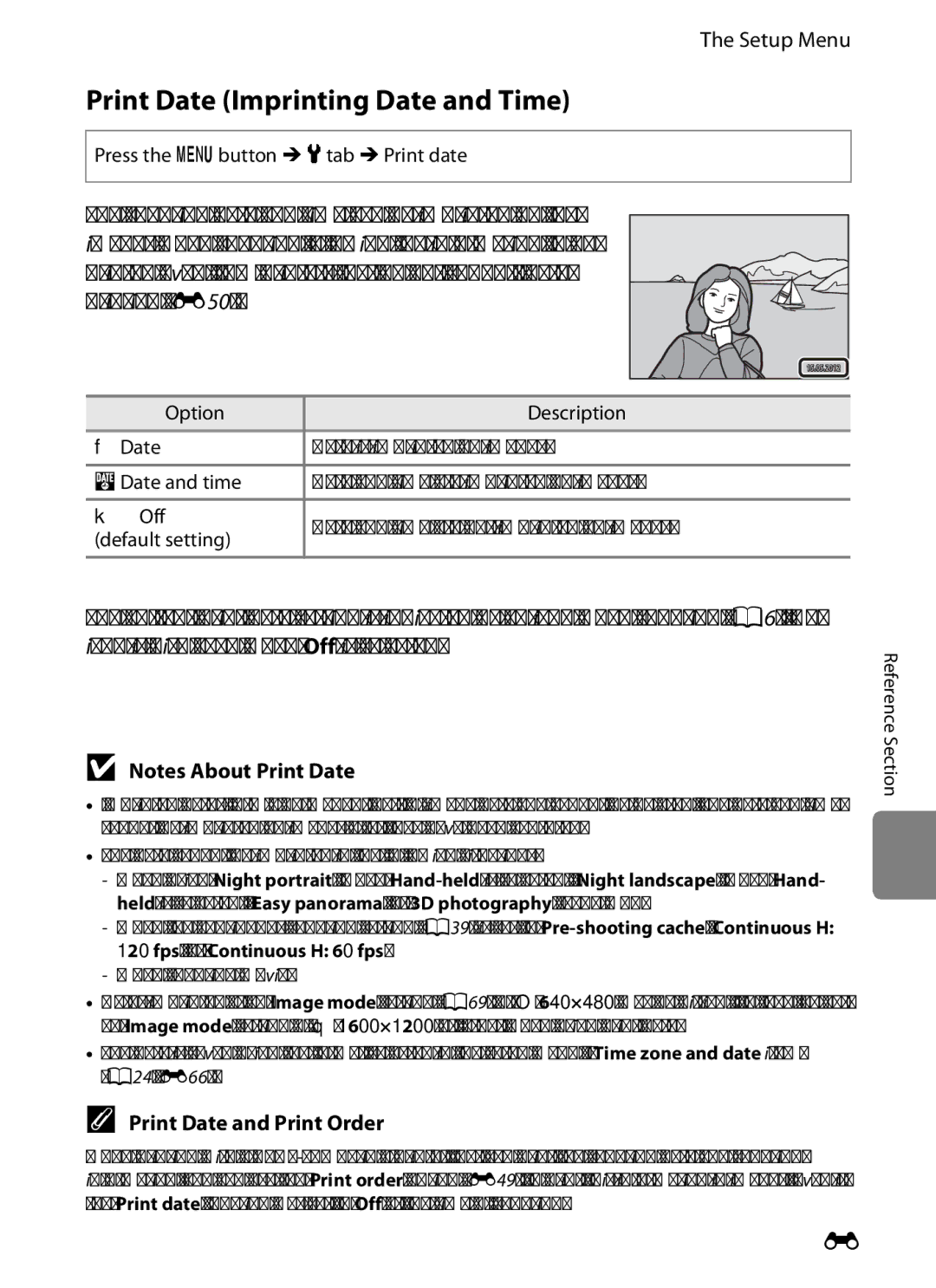 Nikon S6300 Print Date Imprinting Date and Time, E71, Print Date and Print Order, Press the d button Mztab MPrint date 