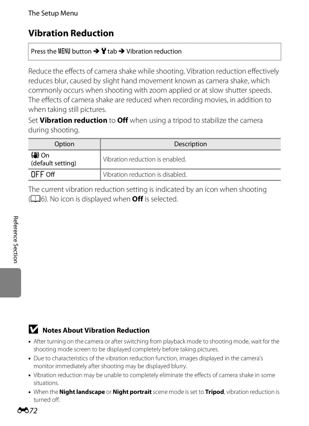 Nikon S6300 manual Vibration Reduction, E72, Press the dbutton Mz tab MVibration reduction 