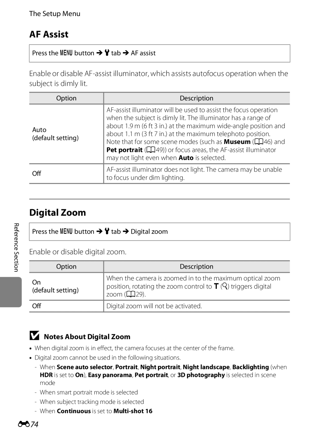 Nikon S6300 manual AF Assist, Digital Zoom, E74, Enable or disable digital zoom 