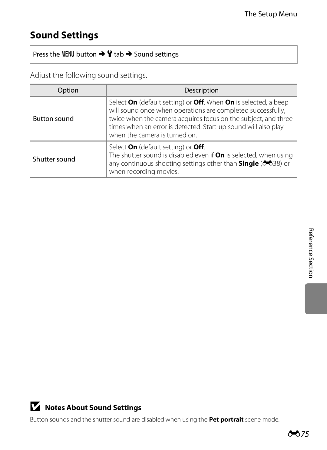 Nikon S6300 manual Sound Settings, E75, Adjust the following sound settings 