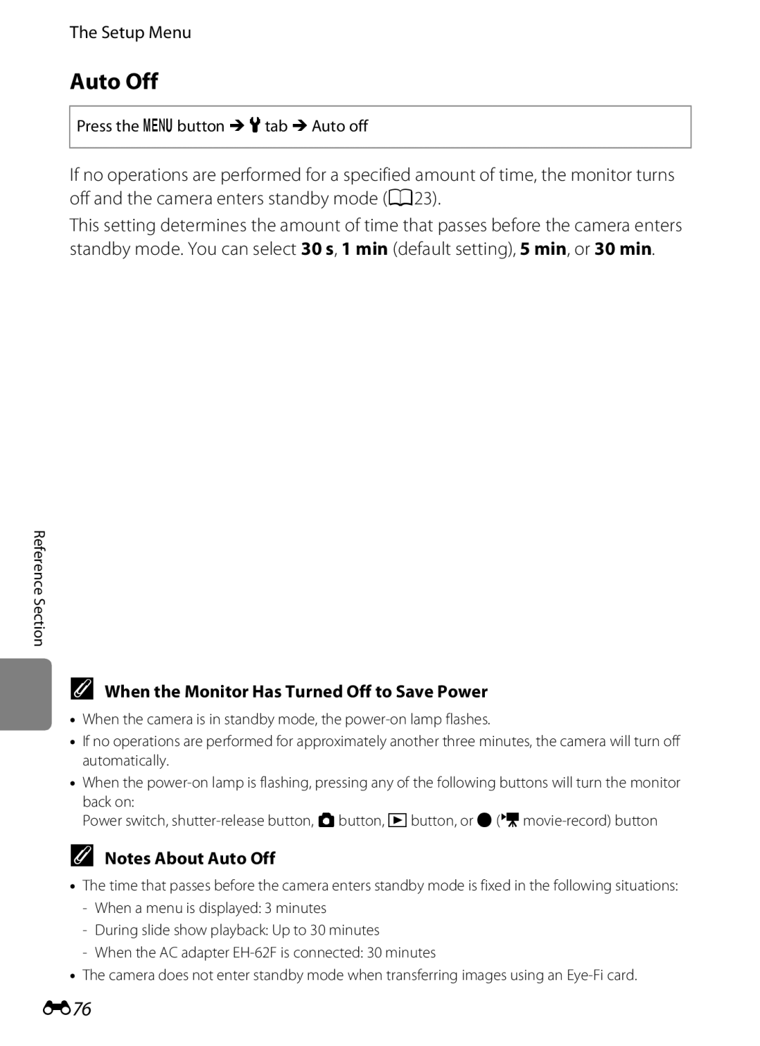 Nikon S6300 manual Auto Off, E76, When the Monitor Has Turned Off to Save Power, Press the d button Mztab MAuto off 