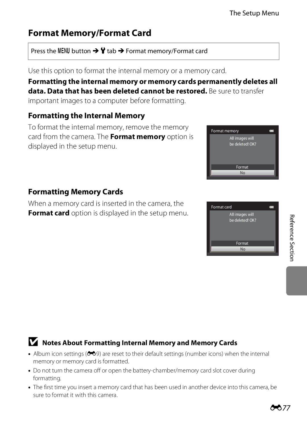 Nikon S6300 manual Format Memory/Format Card, Formatting the Internal Memory, E77 