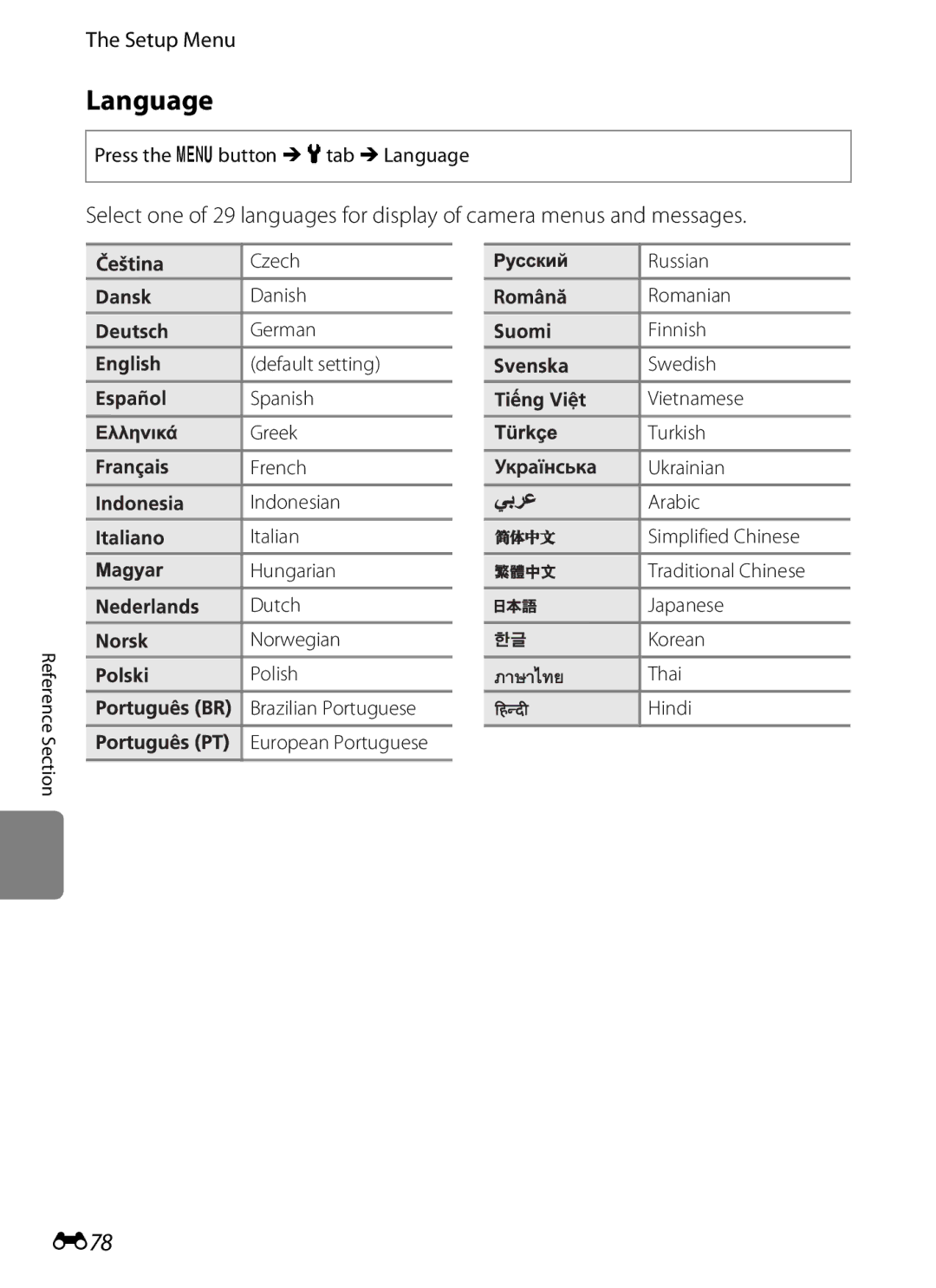 Nikon S6300 manual E78, Press the d button Mztab MLanguage 