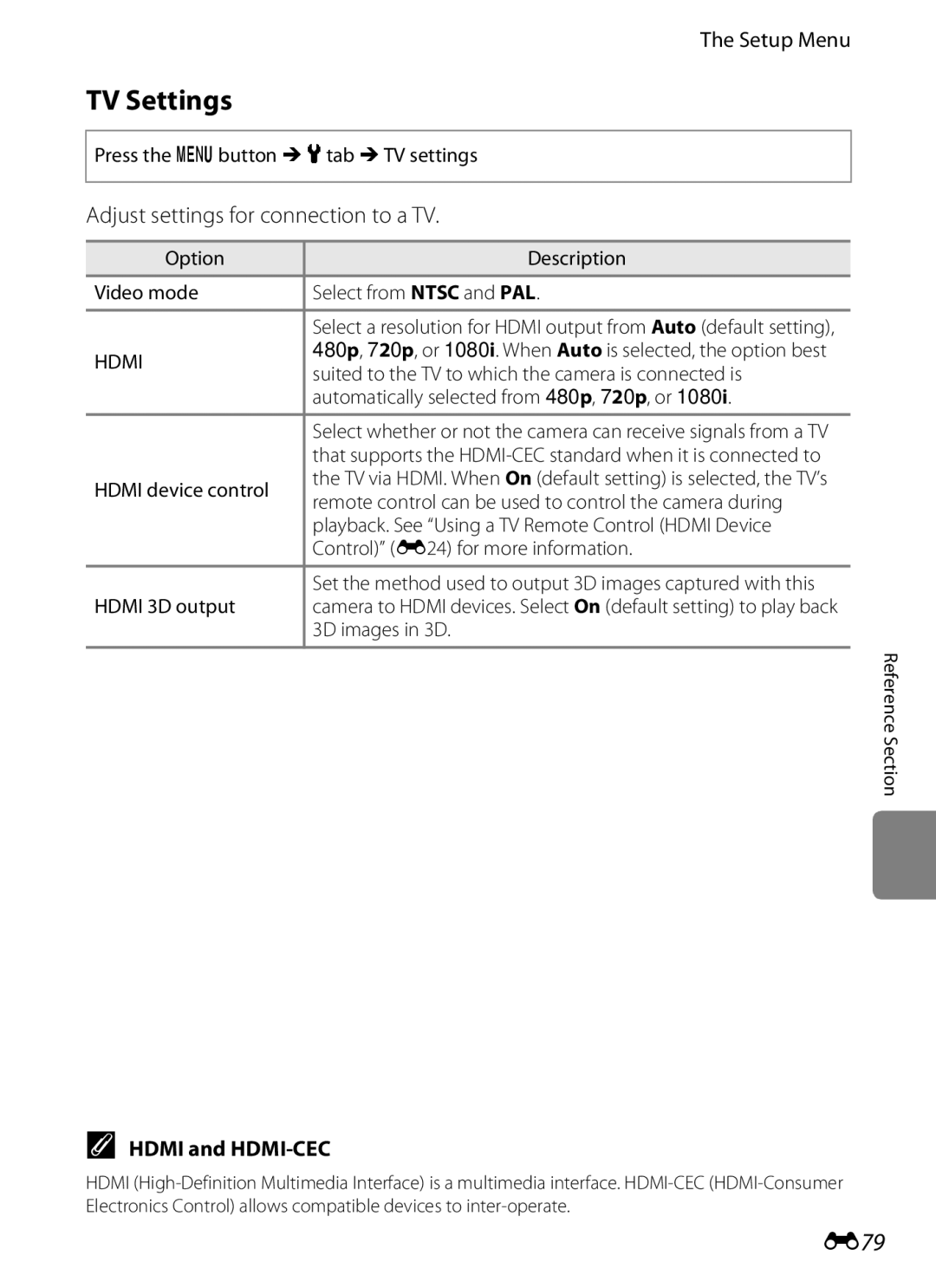 Nikon S6300 manual TV Settings, E79, Adjust settings for connection to a TV, Hdmi and HDMI-CEC 