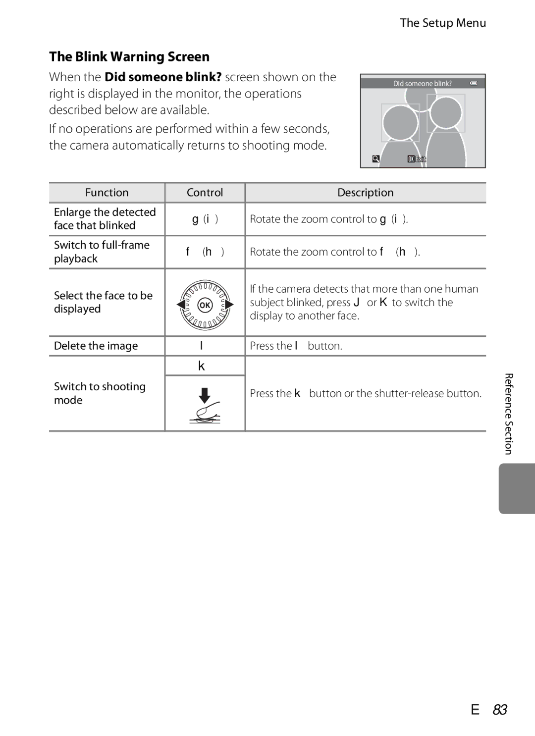 Nikon S6300 manual Blink Warning Screen, E83, Subject blinked, press J or Kto switch 