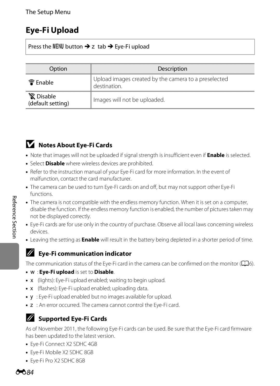 Nikon S6300 manual Eye-Fi Upload, E84, Eye-Fi communication indicator, Supported Eye-Fi Cards 