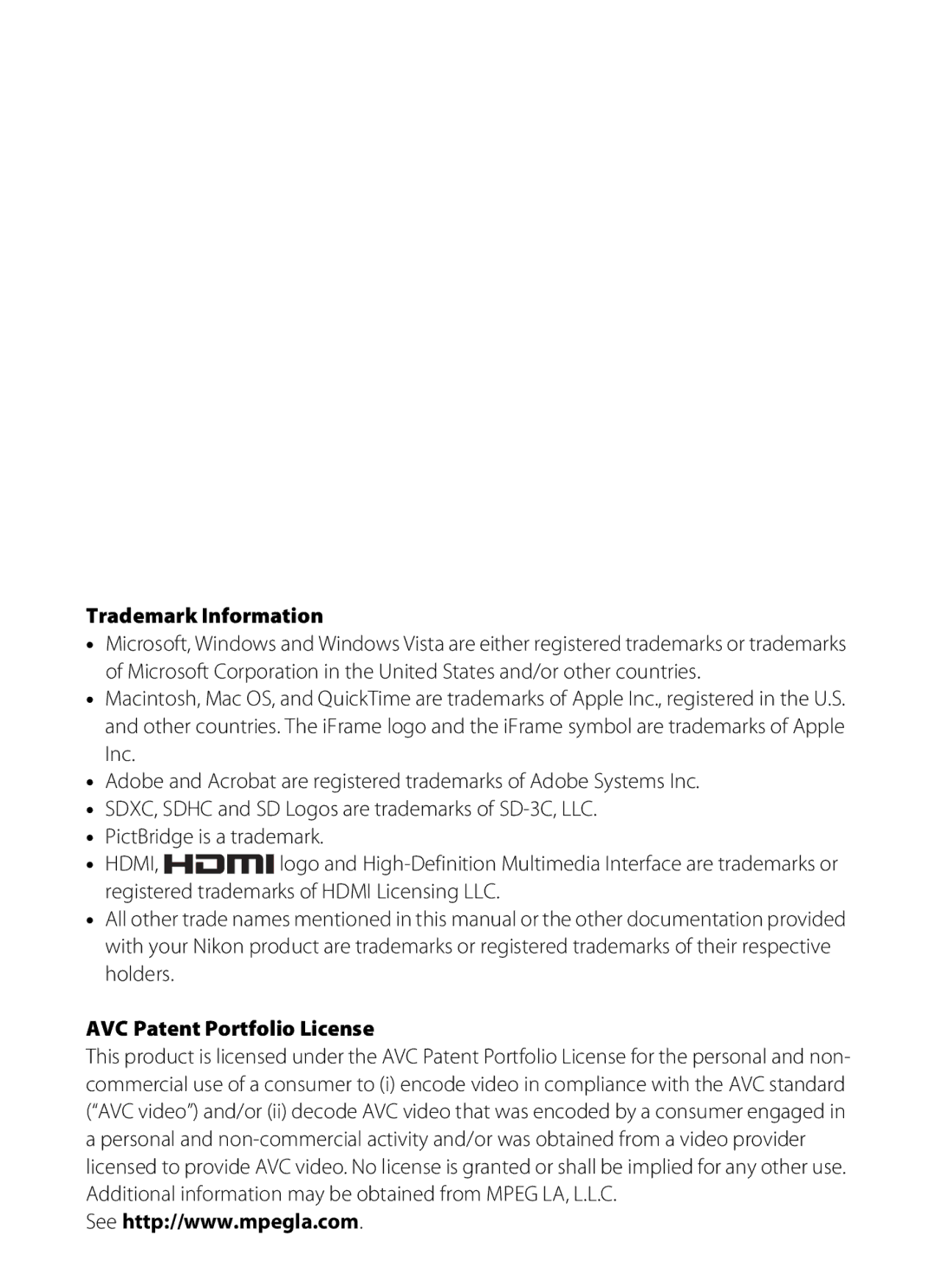 Nikon S6300 manual Trademark Information, AVC Patent Portfolio License 