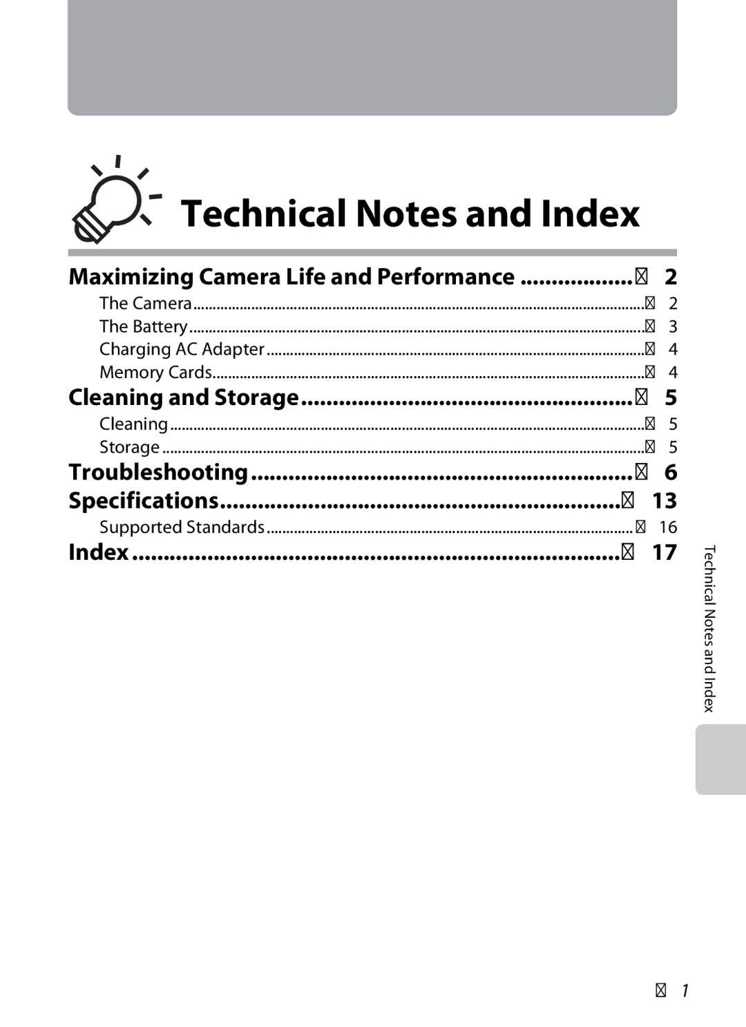 Nikon S6300 manual Specifications, Index, F16, Cleaning and Storage, Troubleshooting 