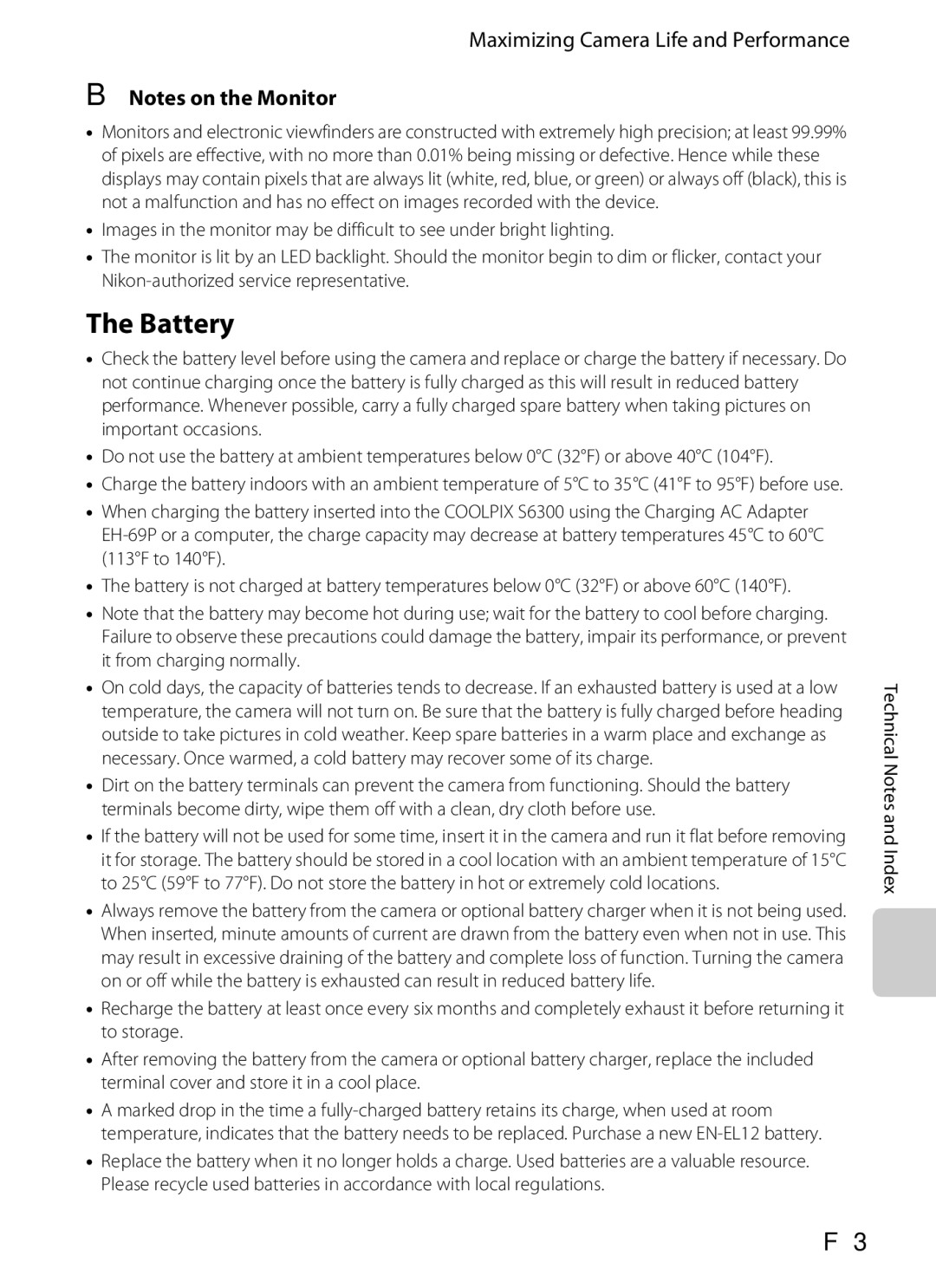 Nikon S6300 manual Battery, Maximizing Camera Life and Performance 