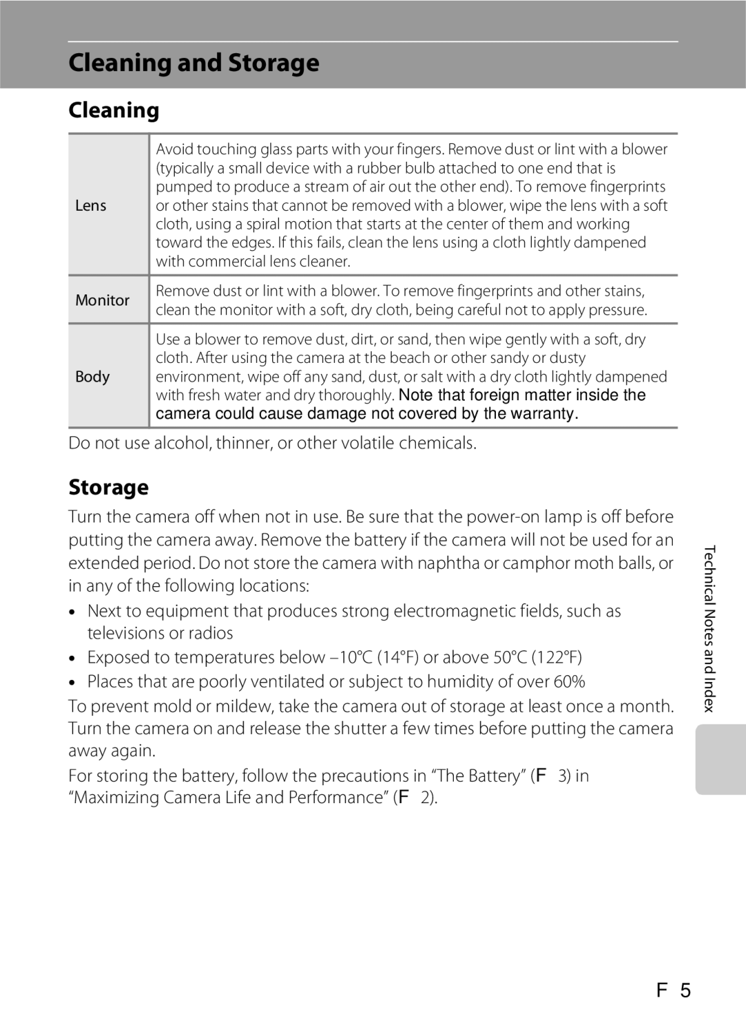 Nikon S6300 manual Cleaning and Storage, Do not use alcohol, thinner, or other volatile chemicals 