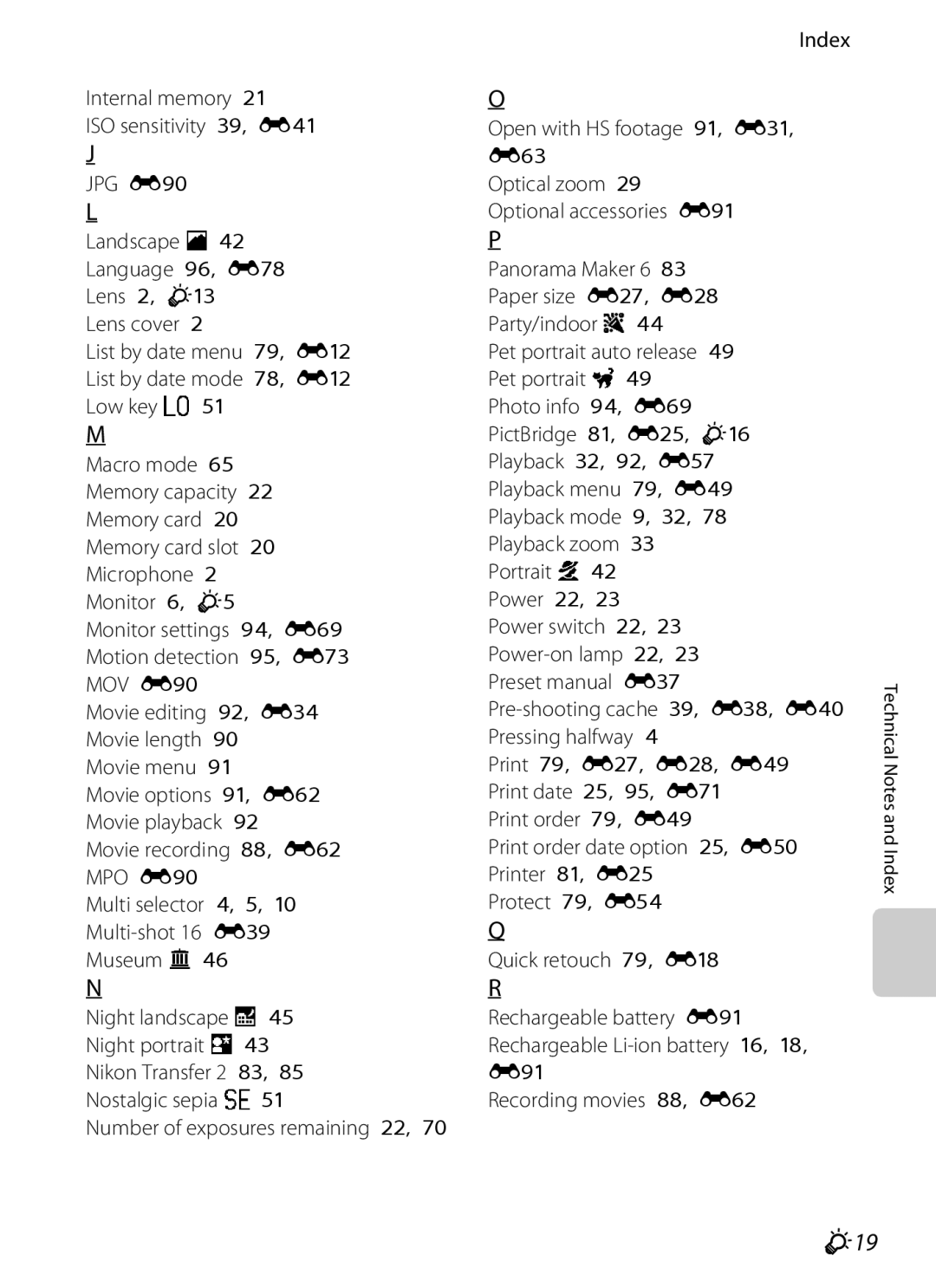 Nikon S6300 manual F19, Internal memory ISO sensitivity 39, E41, Multi selector 4, 5 Multi-shot 16 E39 Museum l 