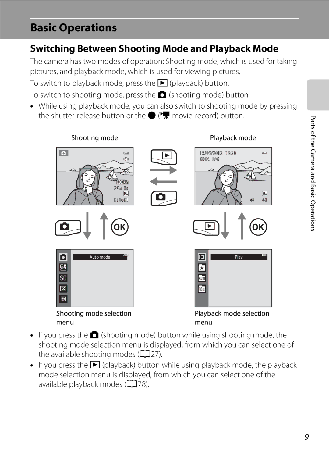 Nikon S6300 manual Basic Operations, Switching Between Shooting Mode and Playback Mode, Shooting mode selection, Menu 