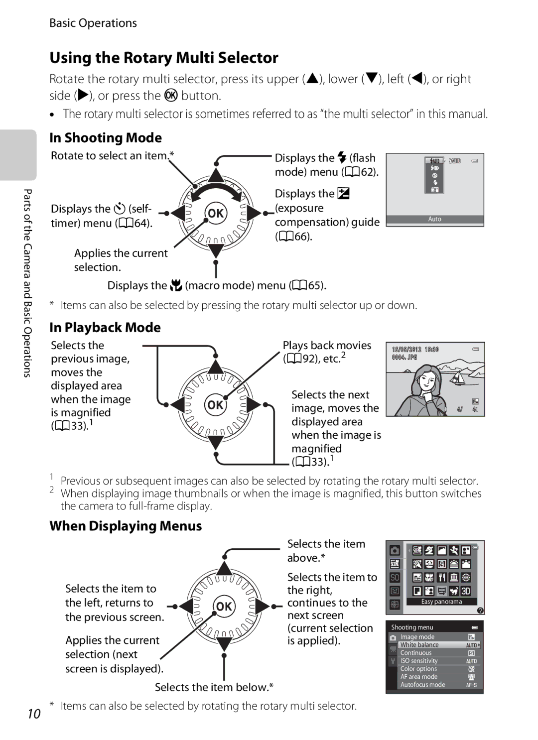 Nikon S6300 manual Using the Rotary Multi Selector, When Displaying Menus, Basic Operations 