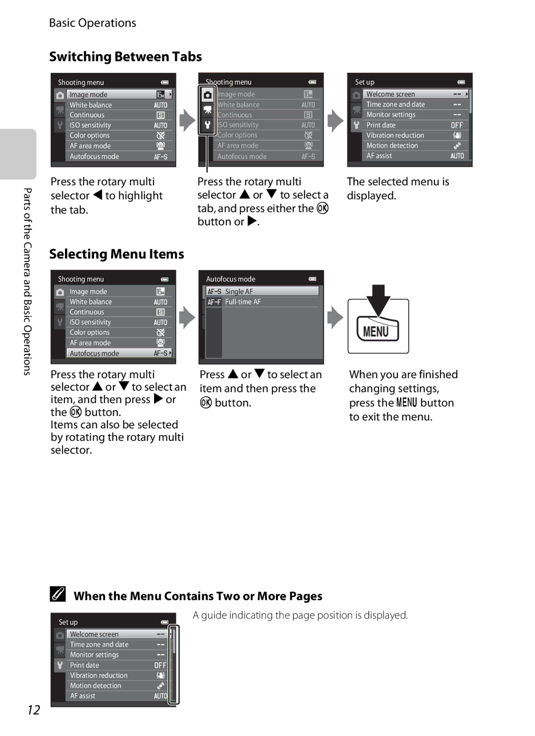 Nikon S6300 manual Switching Between Tabs, Selecting Menu Items, When the Menu Contains Two or More Pages 