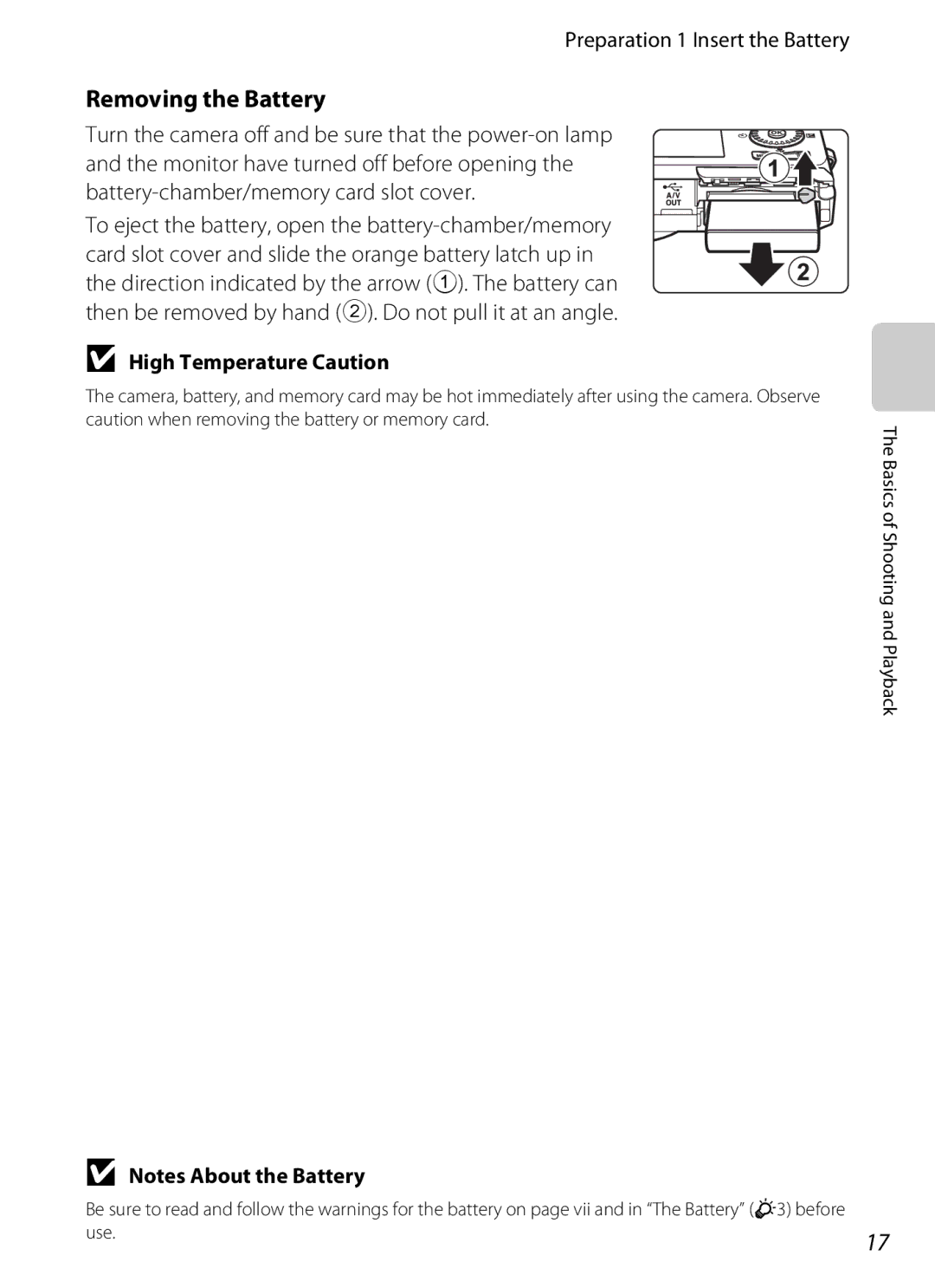 Nikon S6300 manual Removing the Battery, Preparation 1 Insert the Battery, High Temperature Caution 