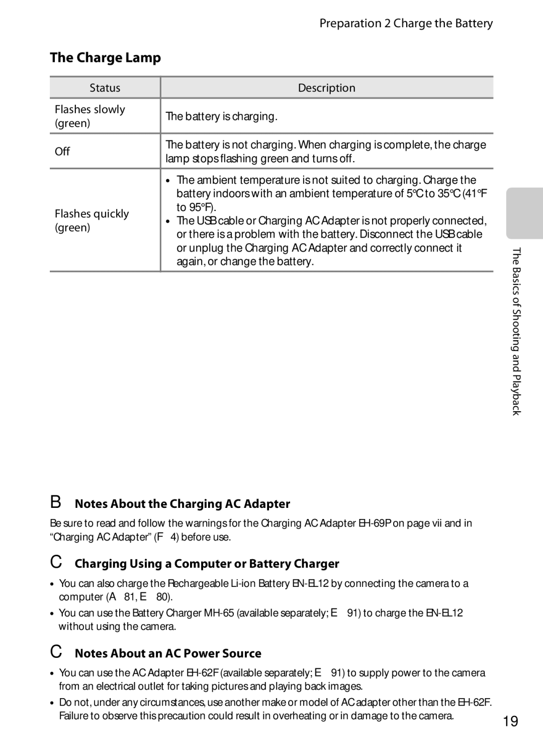 Nikon S6300 manual Charging Using a Computer or Battery Charger, Charge Lamp, Lamp stops flashing green and turns off 