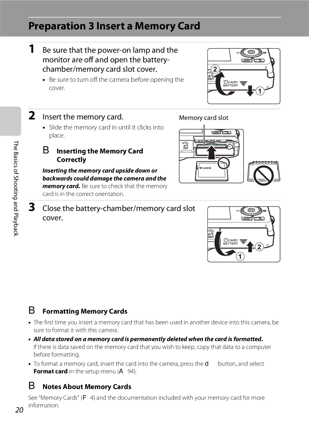 Nikon S6300 manual Preparation 3 Insert a Memory Card, Insert the memory card, Inserting the Memory Card Correctly 