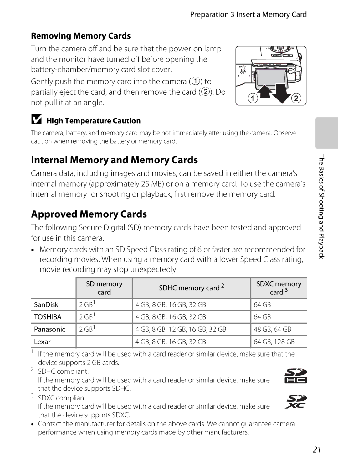 Nikon S6300 manual Internal Memory and Memory Cards, Approved Memory Cards, Removing Memory Cards 