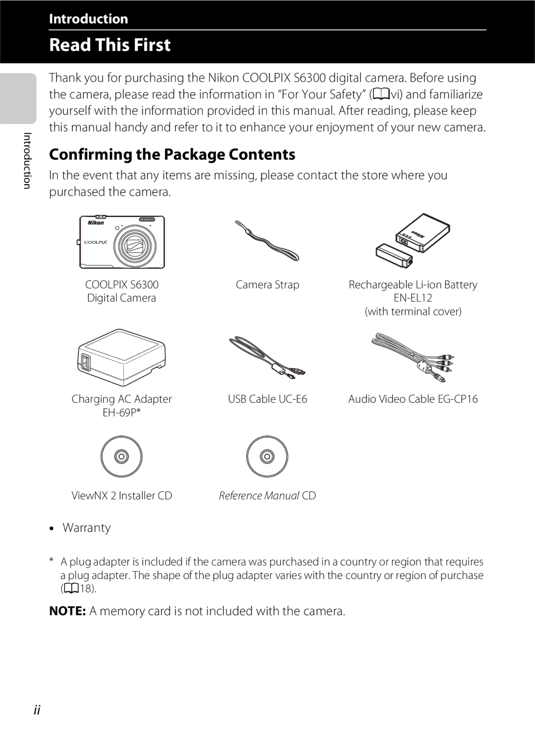 Nikon S6300 manual Read This First, Confirming the Package Contents 