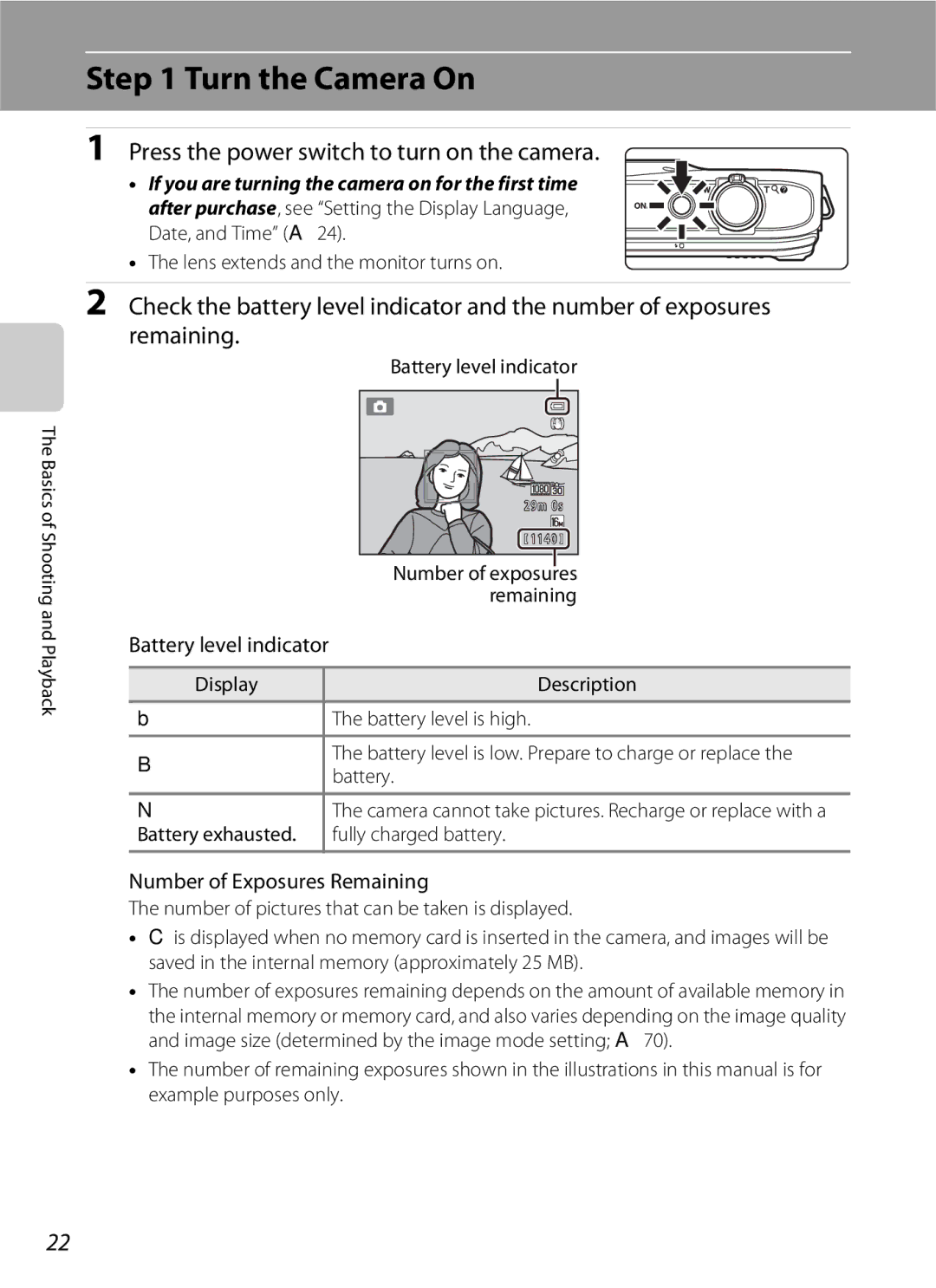 Nikon S6300 manual Turn the Camera On, Press the power switch to turn on the camera, Battery level indicator 