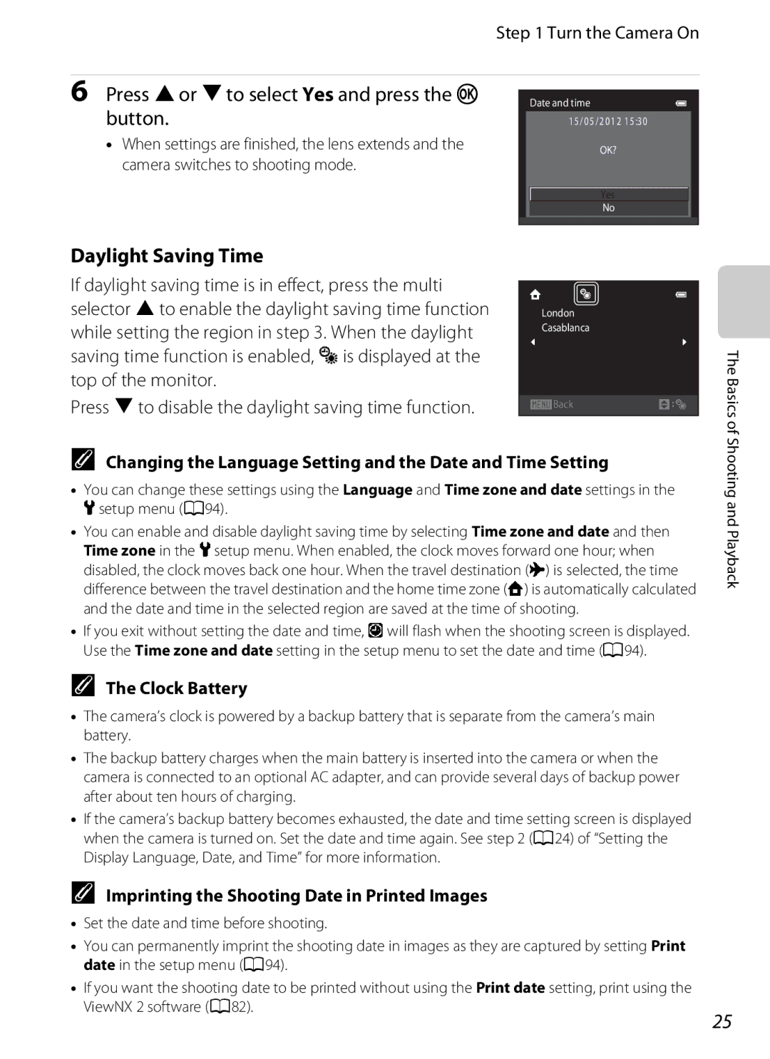 Nikon S6300 manual Daylight Saving Time, Changing the Language Setting and the Date and Time Setting, Clock Battery 