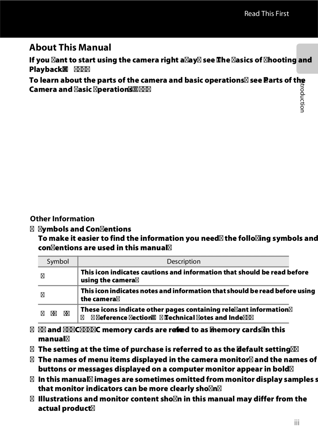 Nikon S6300 manual About This Manual, Iii, Other Information, Symbol, Reference Section, F Technical Notes and Index 