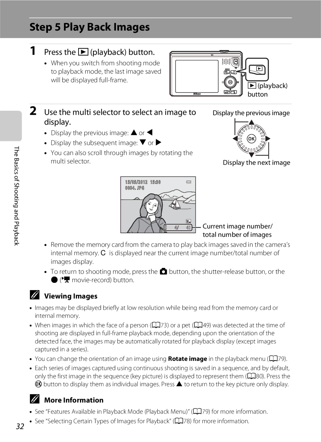 Nikon S6300 manual Play Back Images, Press the cplayback button, Use the multi selector to select an image to display 