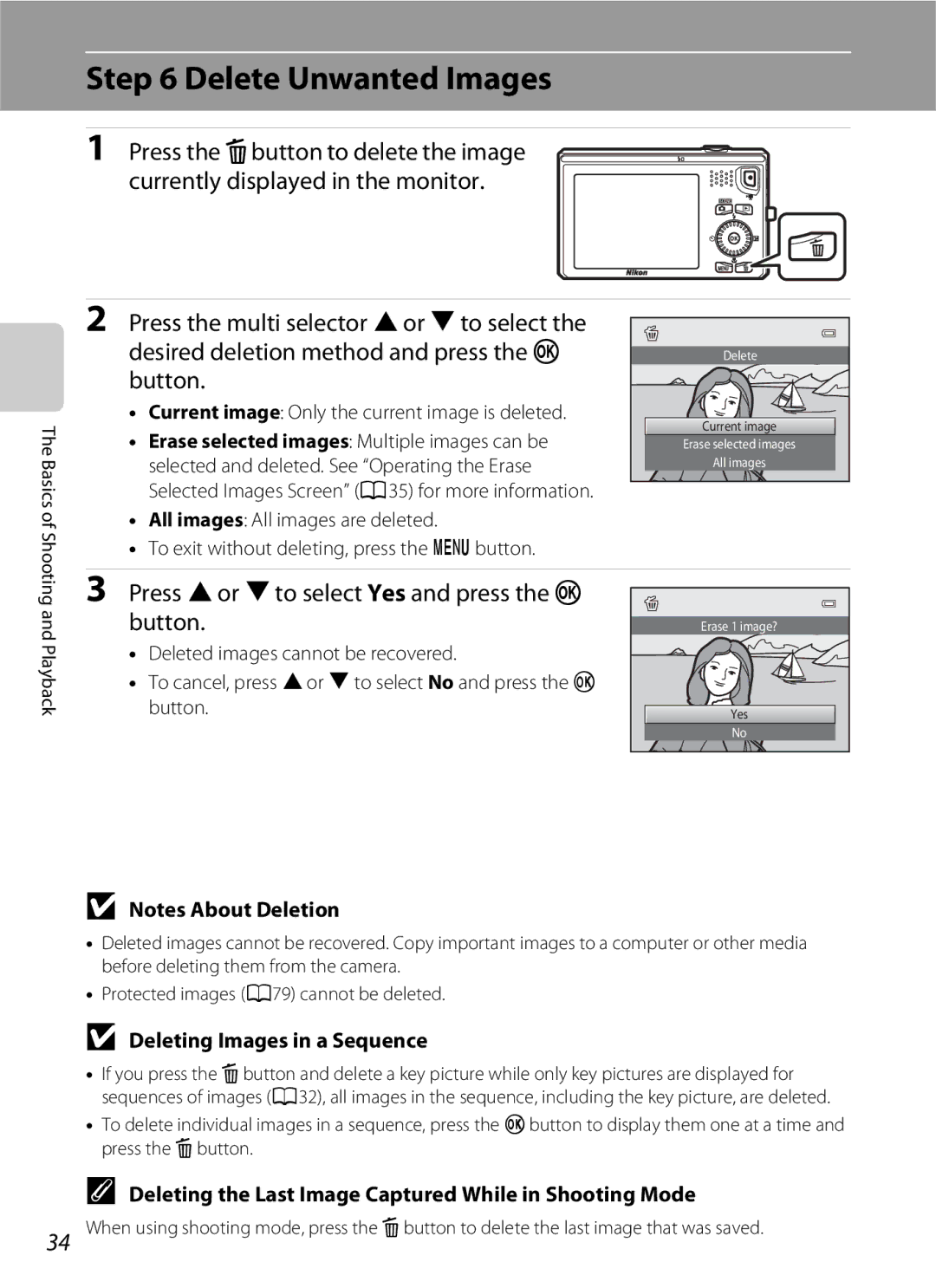 Nikon S6300 manual Delete Unwanted Images, Press Hor Ito select Yes and press the k Button, Deleting Images in a Sequence 