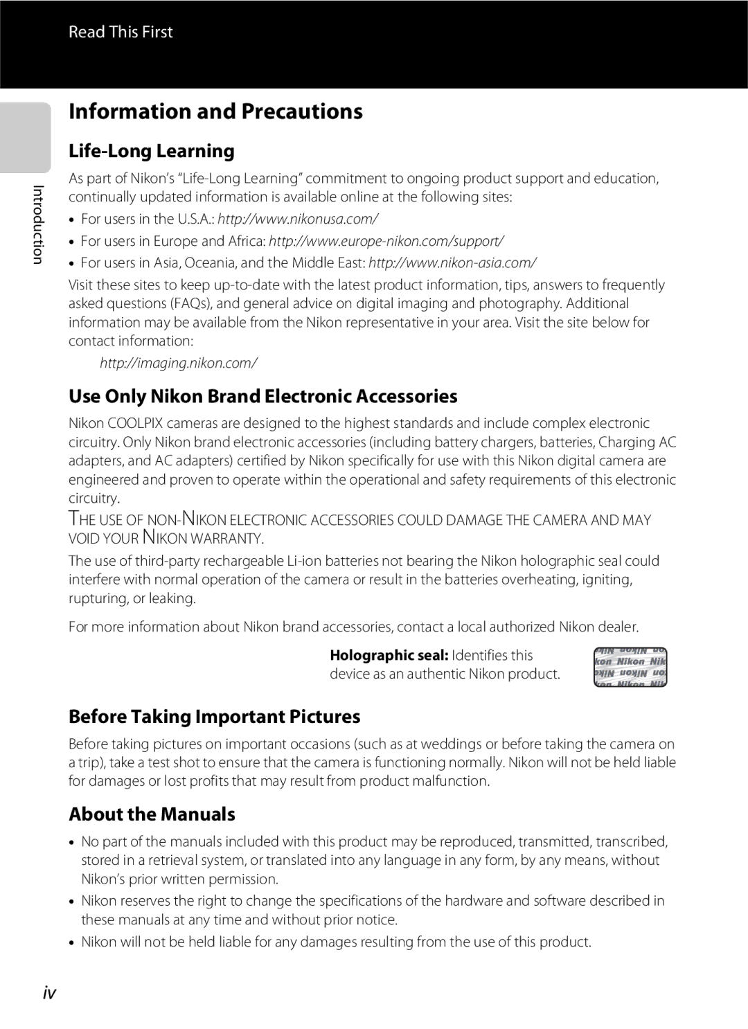 Nikon S6300 manual Information and Precautions, Life-Long Learning, Use Only Nikon Brand Electronic Accessories 