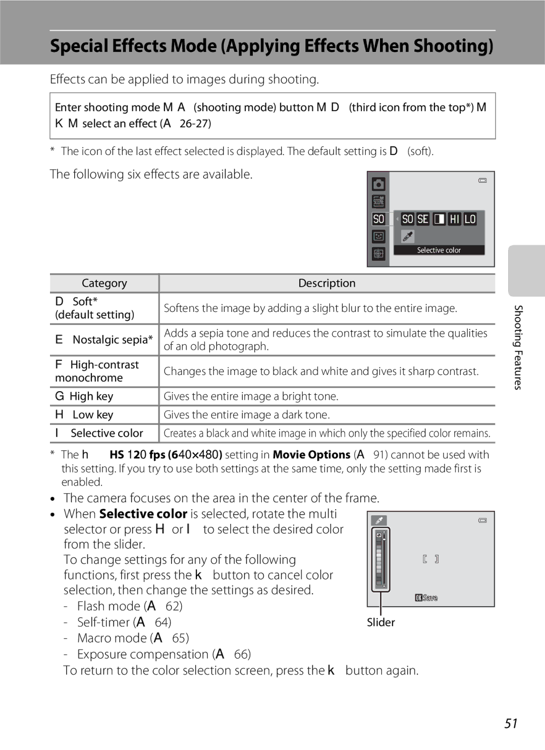 Nikon S6300 manual Effects can be applied to images during shooting, Following six effects are available 