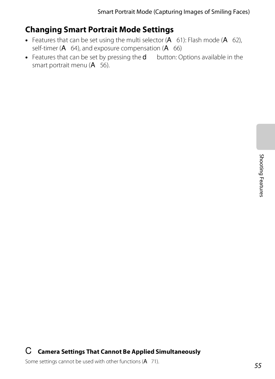 Nikon S6300 manual Changing Smart Portrait Mode Settings, Camera Settings That Cannot Be Applied Simultaneously 