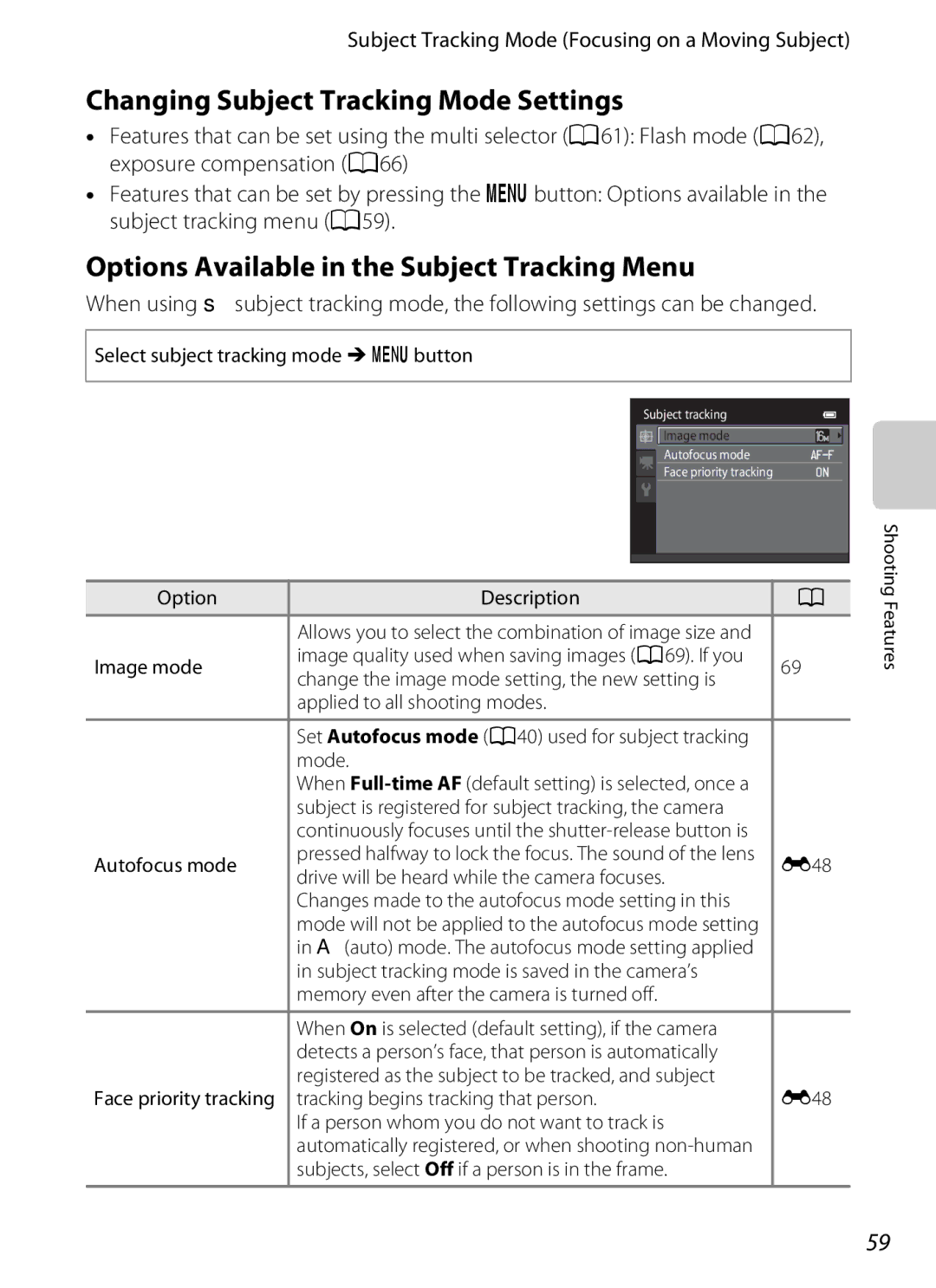 Nikon S6300 manual Changing Subject Tracking Mode Settings, Options Available in the Subject Tracking Menu 