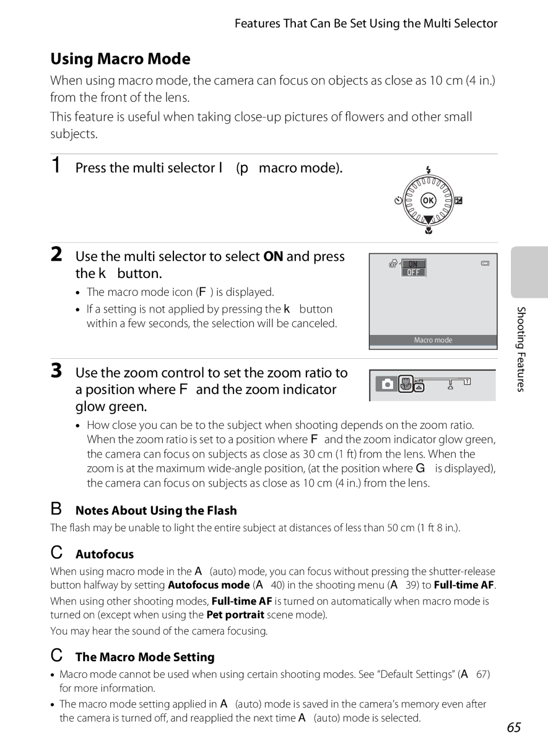 Nikon S6300 manual Using Macro Mode, Autofocus, Macro Mode Setting, Macro mode icon F is displayed 