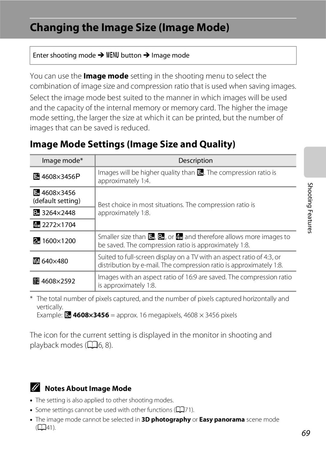 Nikon S6300 manual Changing the Image Size Image Mode, Image Mode Settings Image Size and Quality 