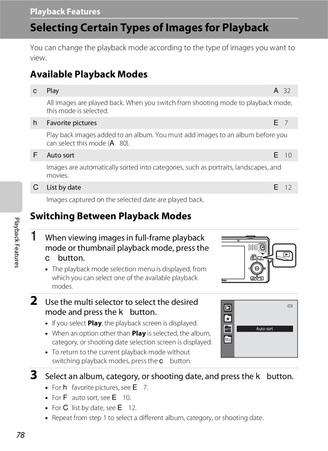 Nikon S6300 Selecting Certain Types of Images for Playback, Available Playback Modes, Switching Between Playback Modes 