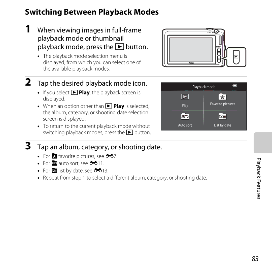 Nikon S6400 Switching Between Playback Modes, Tap the desired playback mode icon, Tap an album, category, or shooting date 