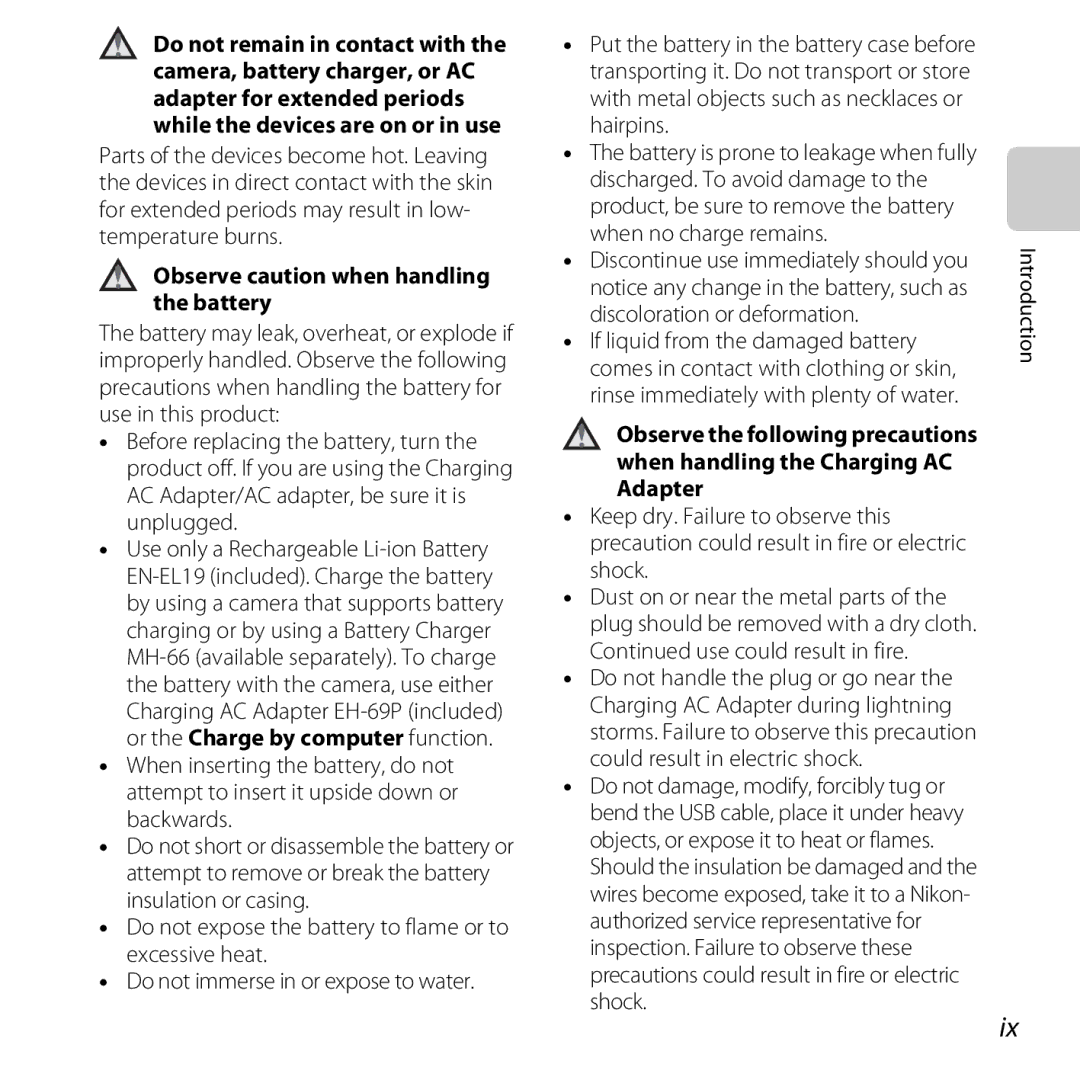 Nikon S6400 manual Observe caution when handling the battery 