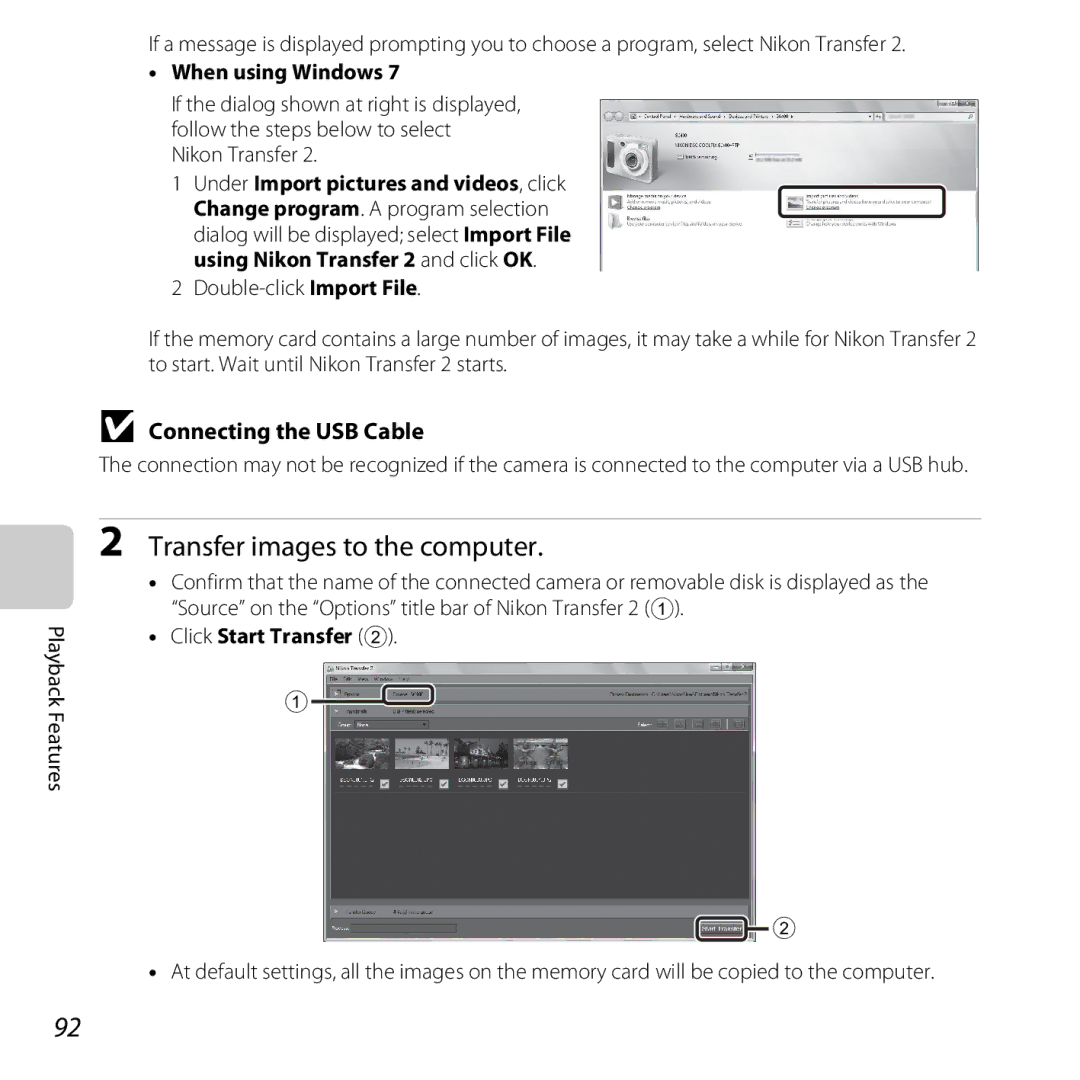 Nikon S6400 manual Transfer images to the computer, Connecting the USB Cable, When using Windows, Click Start Transfer 