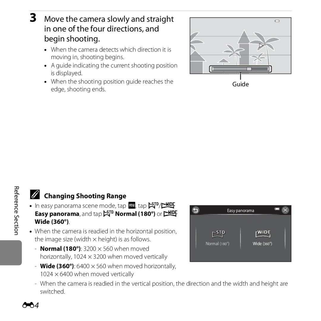 Nikon S6400 manual Changing Shooting Range, Easy panorama scene mode, tap F, tap W/X 