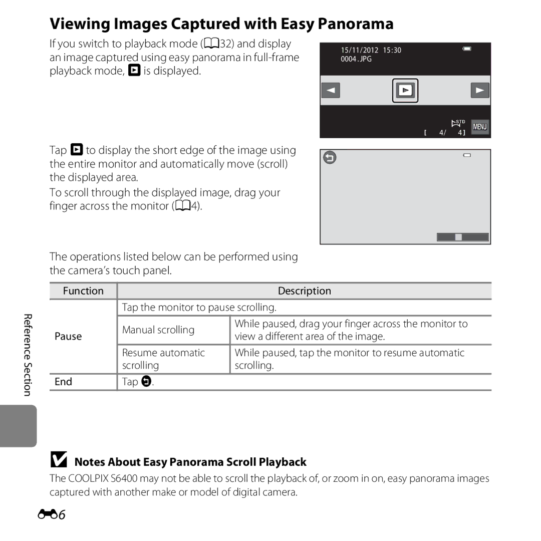 Nikon S6400 manual Viewing Images Captured with Easy Panorama, If you switch to playback mode A32 and display 